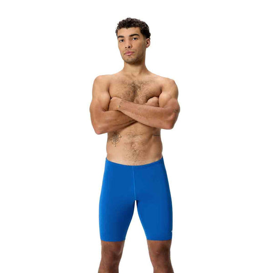 Speedo men's Endurance+ Logo Jammer in Turkish Sea, close-up view showing the swim jammer with Speedo branding and logo detail.