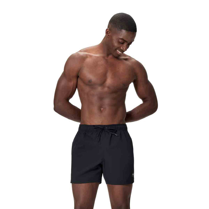Black Speedo men's Essentials 16-inch swim shorts with a comfortable fit, designed for active swimming and beachwear.