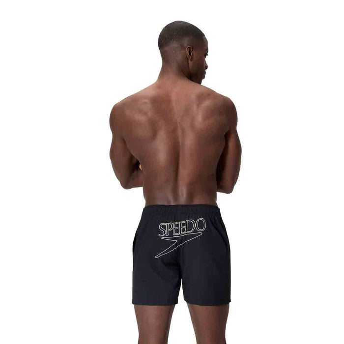 Black Speedo men's Essentials 16-inch swim shorts with elastic waistband and side pockets, suitable for swimming and casual wear.