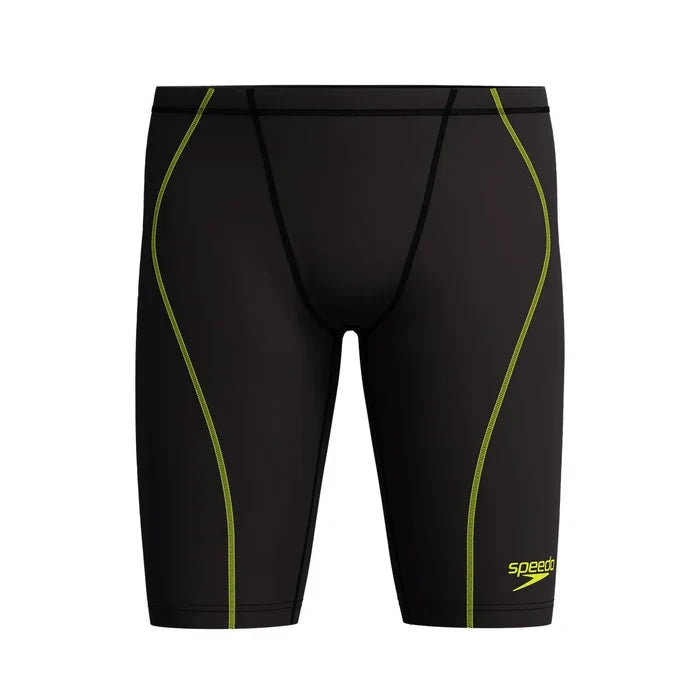 Speedo men's Fastskin HyperSpark solid jammer in black, designed for competitive swimming, showing the sleek, form-fitting swimwear.