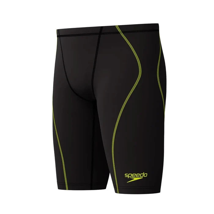 Speedo men's Fastskin HyperSpark solid black jammer swimming suit for boys aged 18-8 years, close-up view of the product.