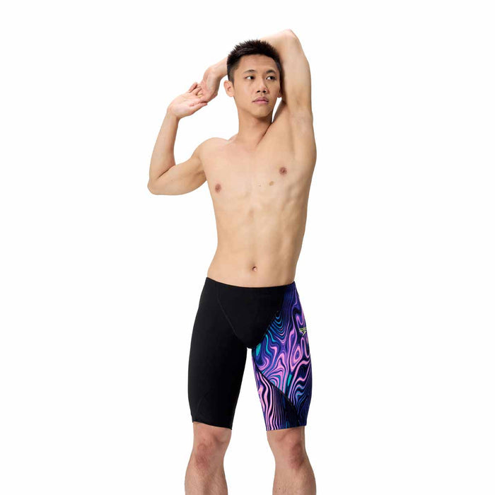 Speedo men's Fastskin LZR Ignite jammer in black and purple for competitive swimming, featuring a snug fit and sleek design.