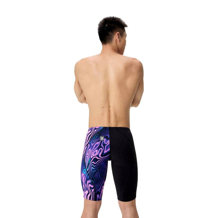 Speedo men's Fastskin LZR Ignite jammer in black and purple, close-up view of the swimwear fabric and design details