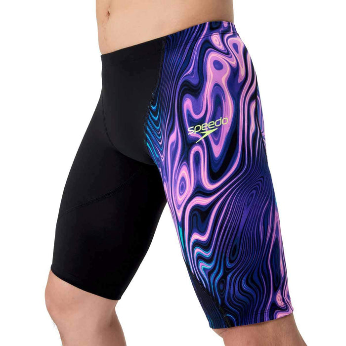 Speedo men's Fastskin LZR Ignite jammer in black and purple, designed for competitive swimming performance.