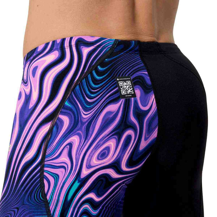 Speedo men's Fastskin LZR Ignite jammer in black and purple, swim jammers designed for competitive swimming.