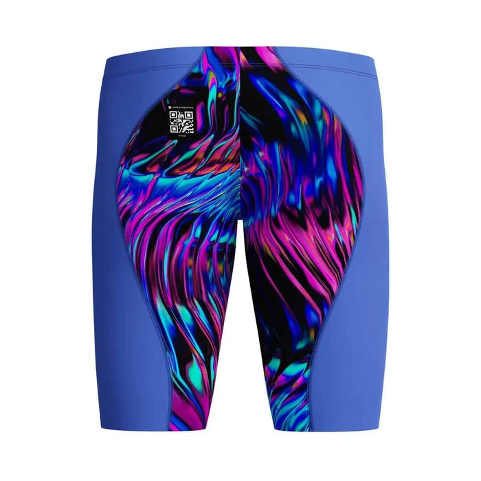 Speedo men's Fastskin LZR Ignite blue jammer swimwear for competitive swimming, close-up view of fitted swim jammers.