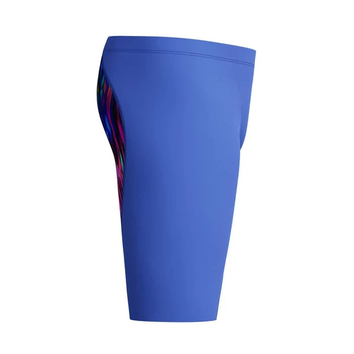 Speedo men's Fastskin LZR Ignite blue jammer swimsuit, close-up view showing sleek design and fabric texture.