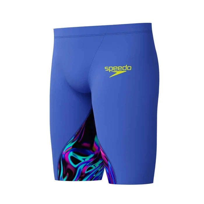 Blue Speedo men's Fastskin LZR Ignite jammer swimwear, close-up of the sleek, fitted design for competitive swimming.