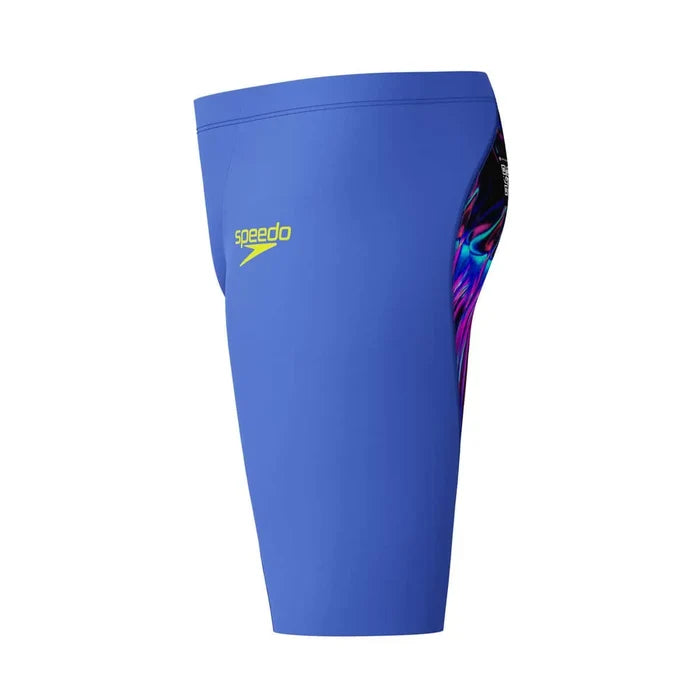Blue Speedo Men's Fastskin LZR Ignite jammer swimwear, close-up view showing sleek design and fabric texture.