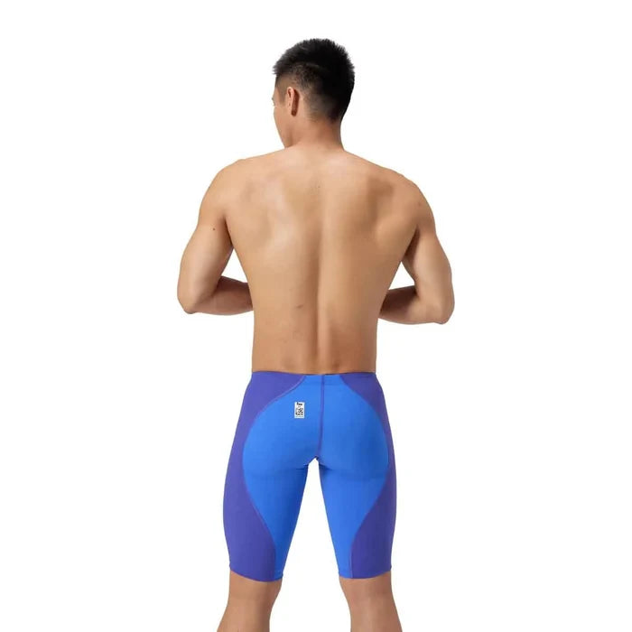 Speedo men's Fastskin LZR Ignite jammer in purple, close-up of the sleek, fitted swim jammer for competitive swimming.