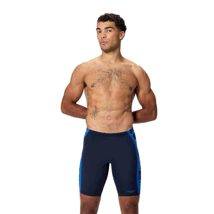 Speedo men's HyperBoom Splice jammer in peacoat and deep sapphire with colorful splice design, designed for competitive swimming.
