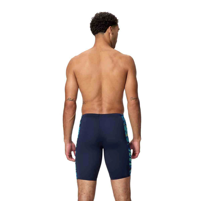 Speedo men's HyperBoom Splice jammer in peacoat and deep sapphire, featuring a sleek swimwear design with bold color accents.