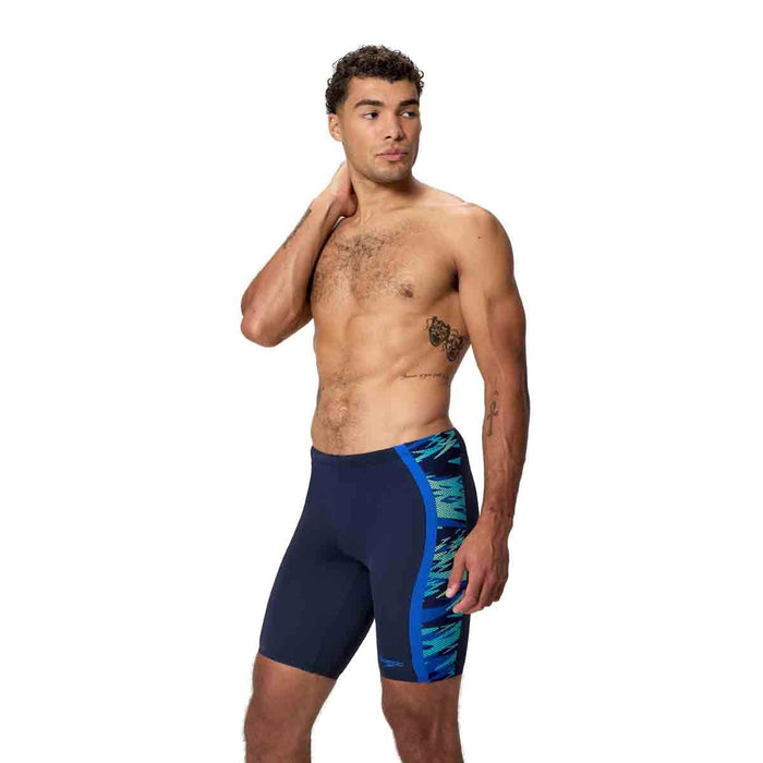 Speedo men's HyperBoom Splice jammer in peacoat and deep sapphire, featuring a sleek swimwear design for competitive swimming.