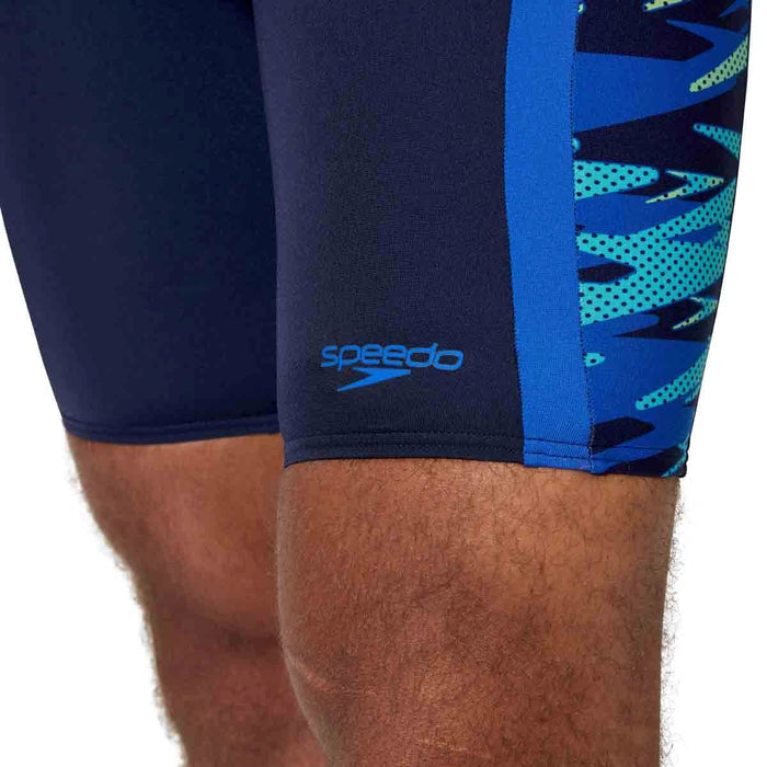 Speedo men's HyperBoom Splice Jammer in Peacoat and Deep Sapphire with a sleek, fitted swimwear design for competitive swimming.