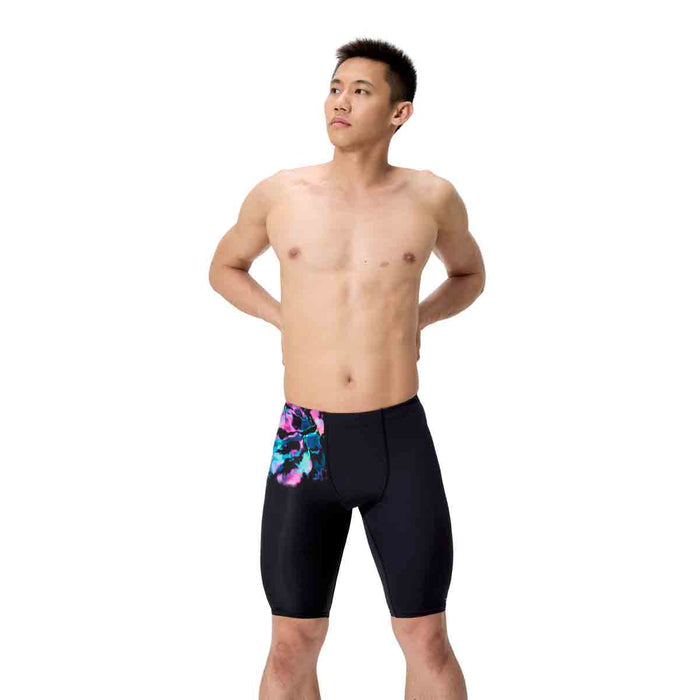 Speedo men's ML printed jammer swimsuit with glitchy garden and black design, featuring a sleek, form-fitting swim jammer for competitive swimming.