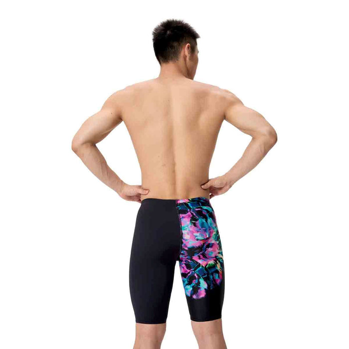 Speedo men's ML printed jammer in Glitchy Garden and black, featuring a snug fit and vibrant swimwear design.