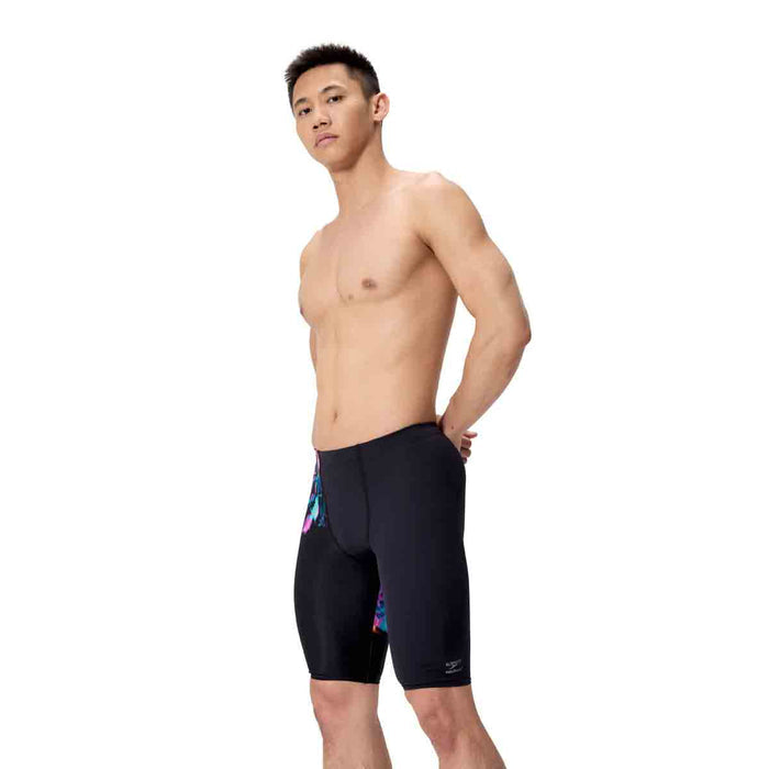Speedo men's ML printed jammer in Glitchy Garden and black, featuring colorful abstract design and secure fit for swimming.