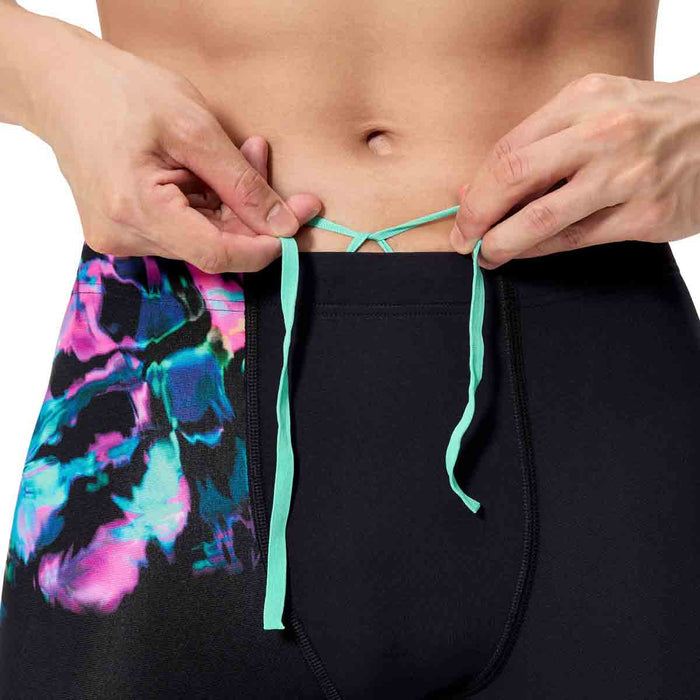 Speedo men's ML printed jammer with glitchy garden and black design, featuring colorful abstract patterns on swim jammers.