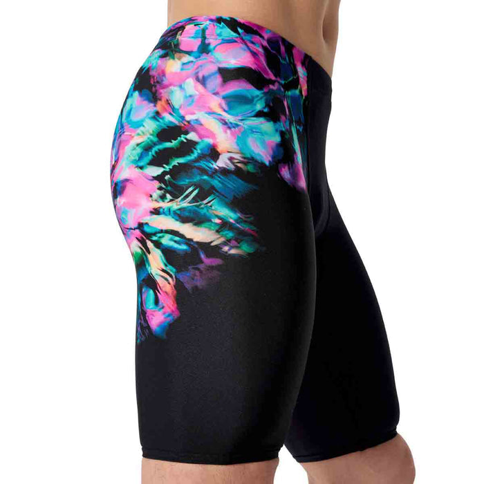 Speedo men's ML printed jammer in Glitchy Garden and black with colorful abstract design, designed for competitive swimming.