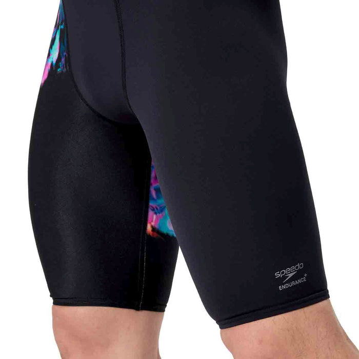 Speedo men's ML printed jammer in Glitchy Garden and black with colorful abstract pattern for competitive swimming.