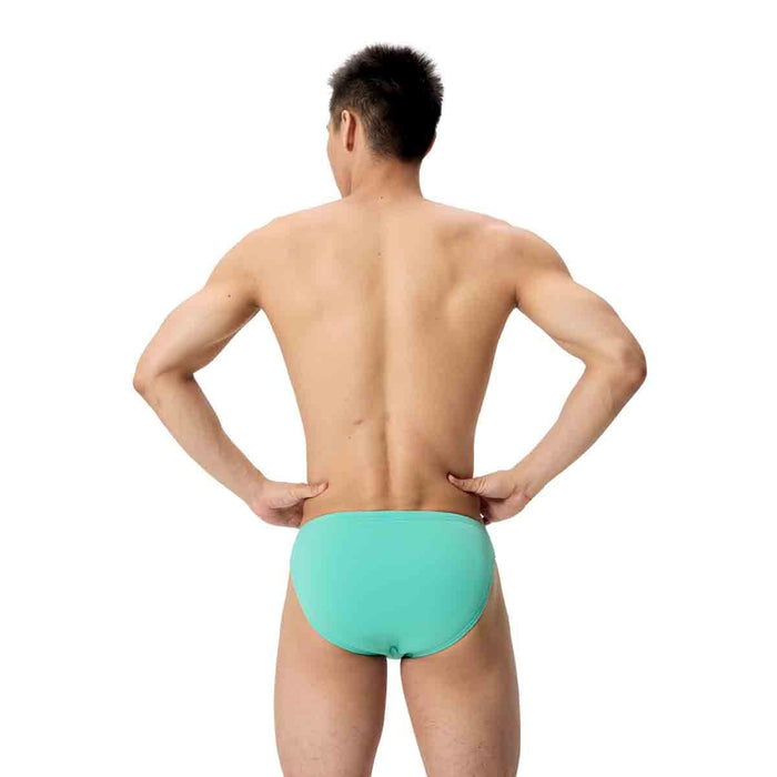 Speedo Men's ML Solid Brief in Aqua Breeze, close-up of blue swim briefs with Speedo logo on the waistband.