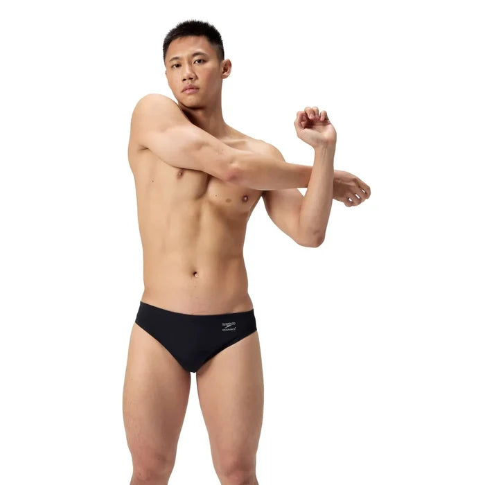 Speedo men's ML solid brief in Team Black, showing a close-up of the black swim brief with sleek design and elastic waistband.