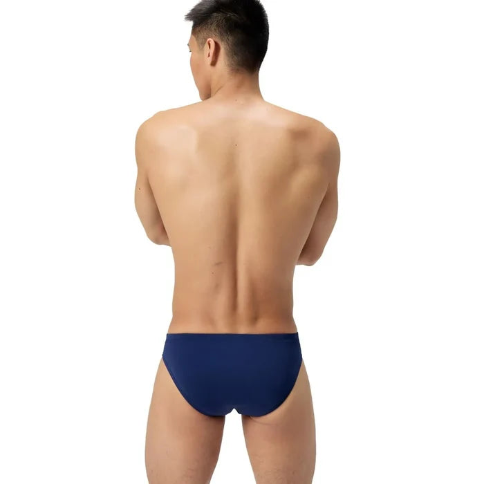 Speedo men's solid navy brief swimsuit, lightweight and comfortable swimwear for competitive and casual swimming.