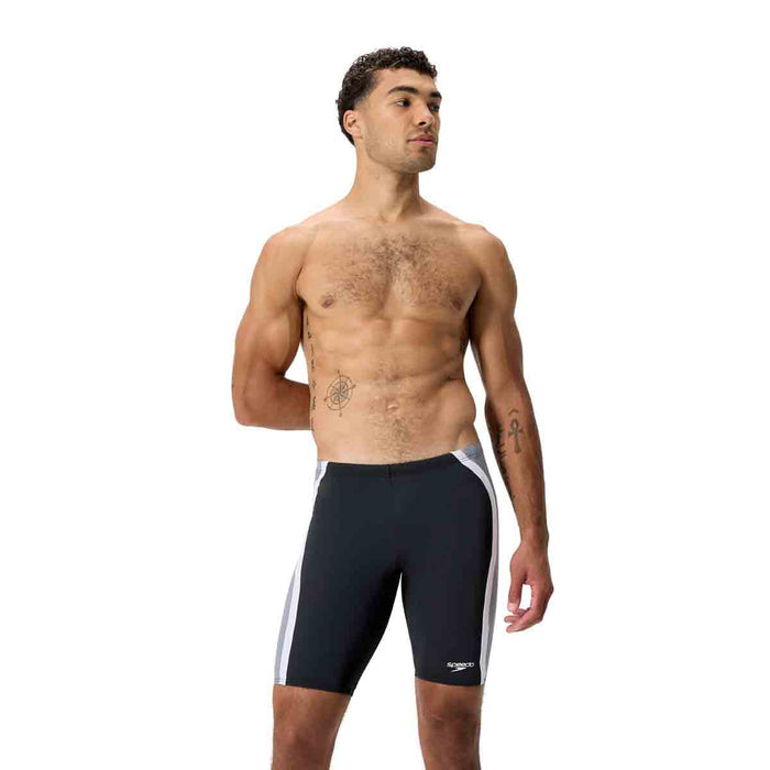 Speedo men's solid splice jammer in anthracite and lead grey, close-up view of snug-fitting swimwear with sleek design.