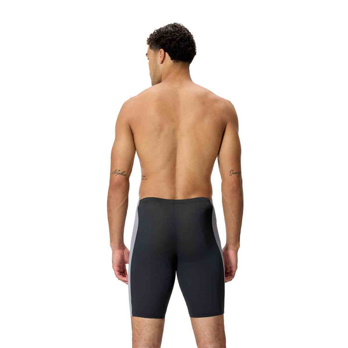Speedo men's solid splice jammer in anthracite and lead grey, close-up of the athletic swimwear designed for competitive swimming.