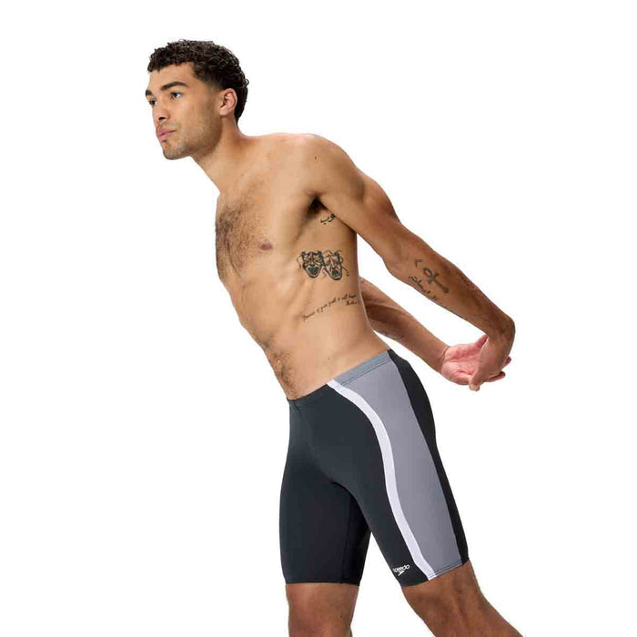 Speedo men's solid splice jammer in anthracite and lead grey, close-up of the swimwear fabric and design details.