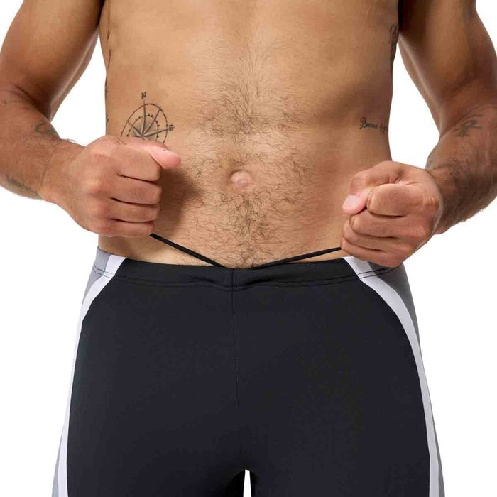 Speedo men's solid splice jammer in anthracite and lead grey, featuring a sleek swimwear design for competitive swimming.