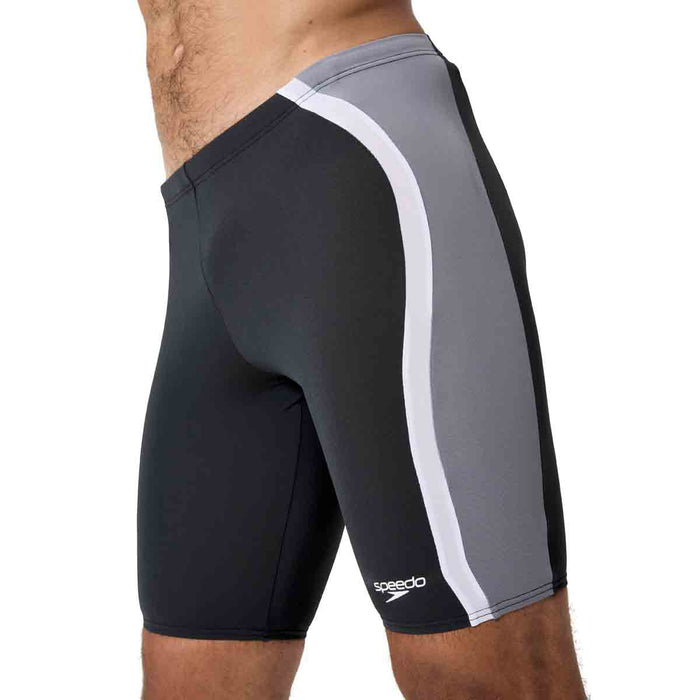 Speedo men's solid splice jammer in anthracite and lead grey, showcasing the sleek swimming swimsuit design.