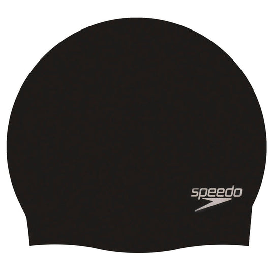 Black Speedo plain moulded swimming cap for comfortable, secure fit during swimming sessions.
