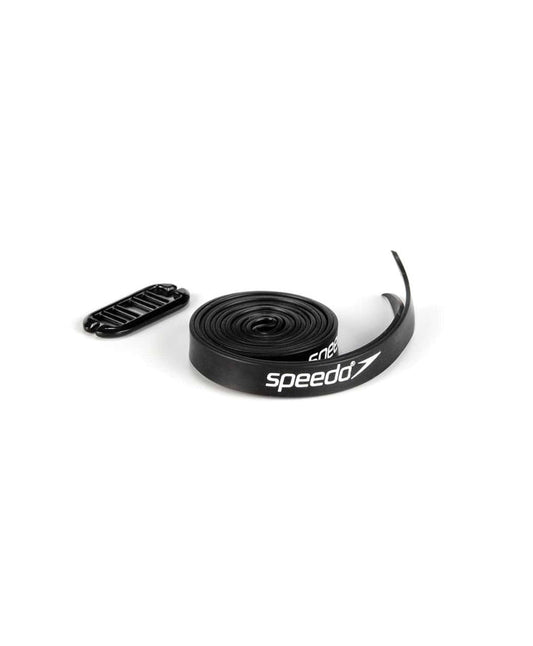 Black Speedo spare silicone strap for goggles, durable replacement part for secure fit and comfort during swimming.
