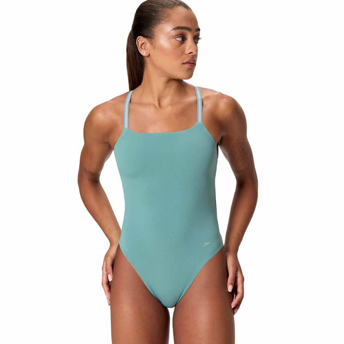 Speedo Women's Active Back Swimsuit in Storm Green, featuring a sleek design and supportive fit for swimming and active water sports.