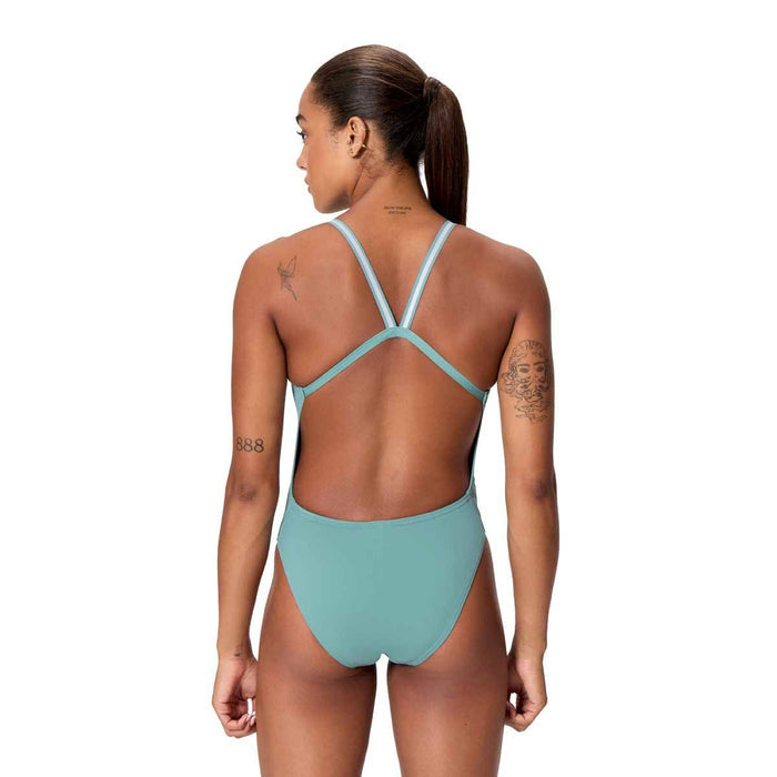 Speedo women's active back swimsuit in storm green, designed for swimming and active water sports.