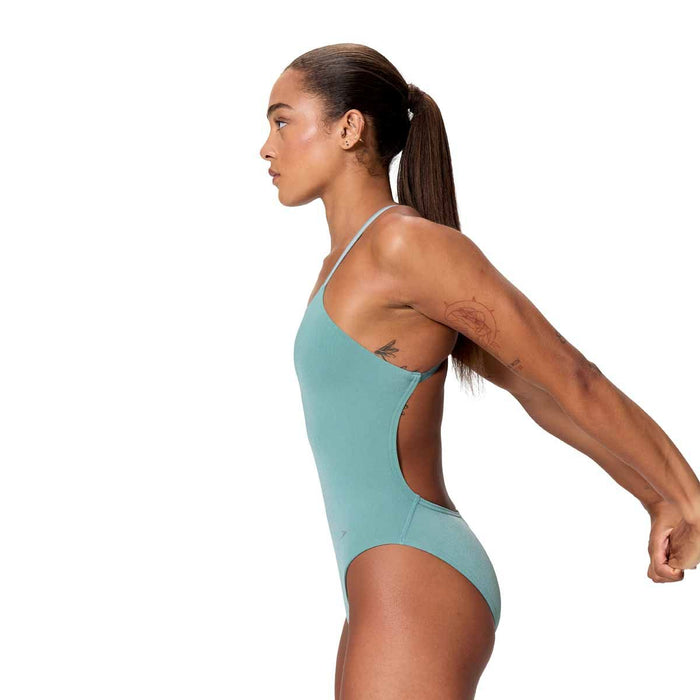 Speedo women's active back swimsuit in storm green, with a sleek design and supportive straps, ideal for swimming and active water sports.