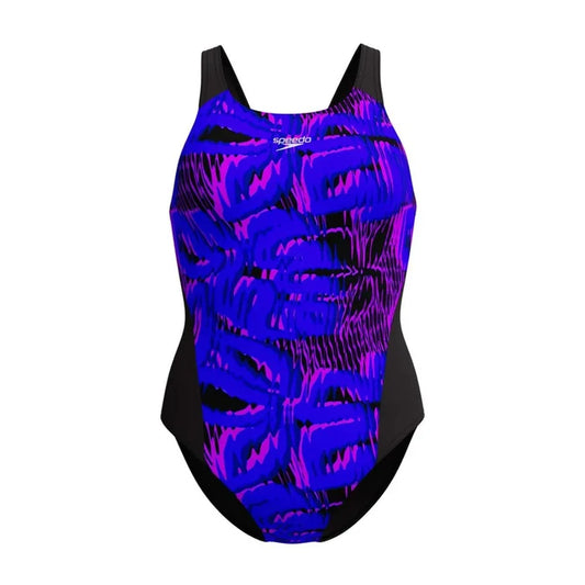 Speedo women's allover digital recordbreaker swimsuit in vibrant multi-color design, shown on a model.