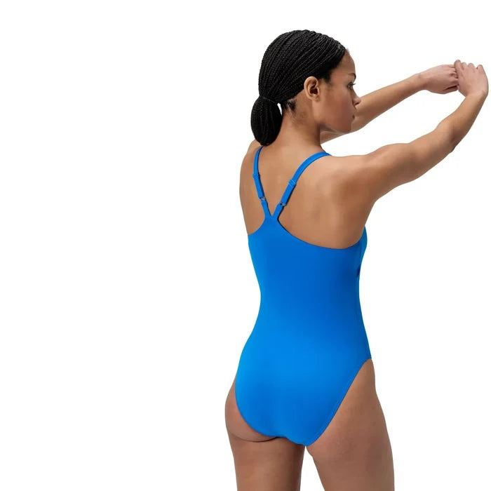 Speedo women's End+ V-back longer body swimsuit in Lagoon Blue, featuring a sleek design and full coverage for swimming.