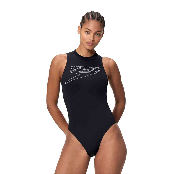 Speedo Women's Endurance+ Logo Hydrasuit Swimsuit in anthracite, sleek one-piece swimwear with logo detail and adjustable straps.