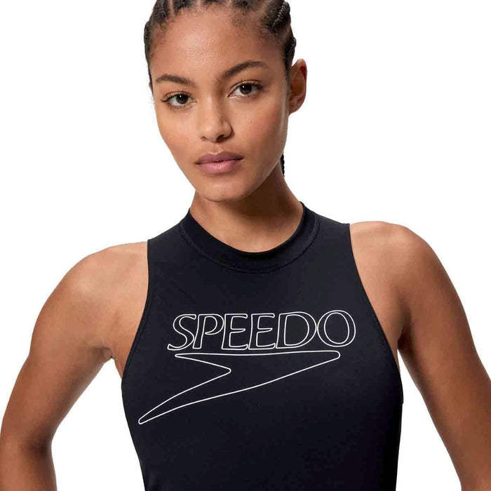 Speedo Women's Endurance+ Logo Hydrasuit swimsuit in anthracite, featuring a sleek design and Speedo branding, suitable for swimming.