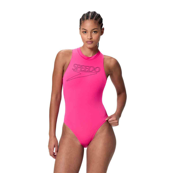 Speedo women's Endurance+ logo Hydrasuit swimsuit in vibrant Margarita Pink, designed for comfortable swimming and active water sports.