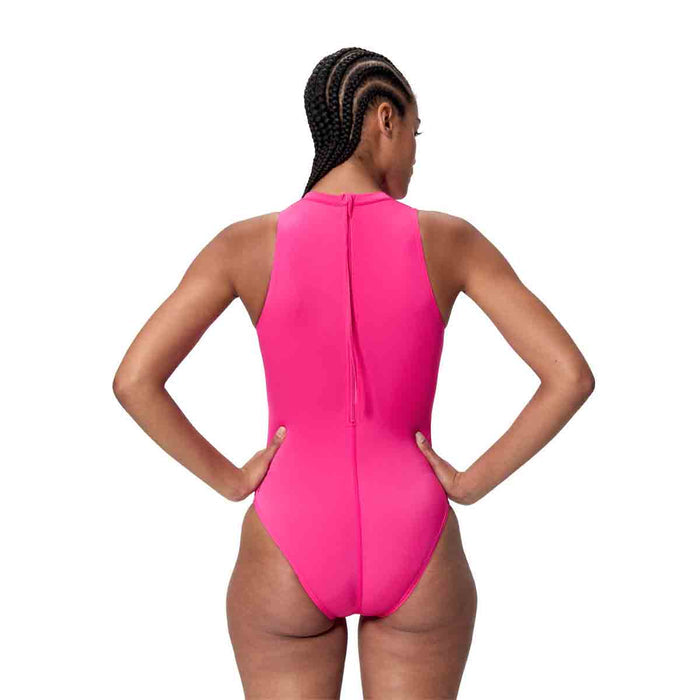 Speedo Women's Endurance+ Logo Hydrasuit Swimsuit in vibrant Margarita Pink, designed for comfortable swim performance.