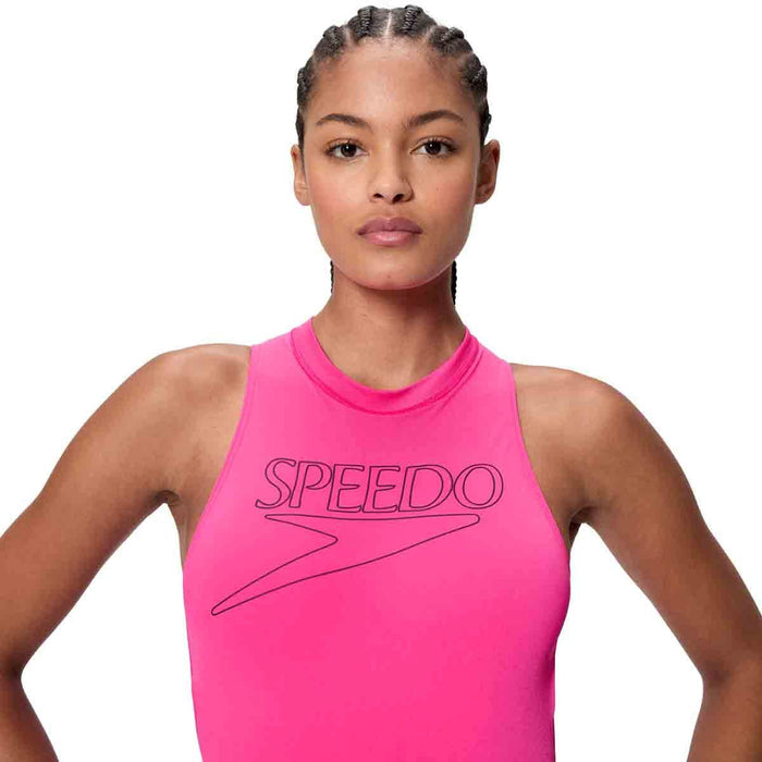 Speedo Women's Endurance+ Logo Hydrasuit Swimsuit in Margarita Pink, close-up of sleek, fitted swimwear with Speedo branding.