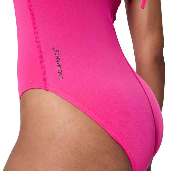 Speedo Women's Endurance+ Logo Hydrasuit Swimsuit in vibrant Margarita Pink, designed for comfortable swimming and active water sports.