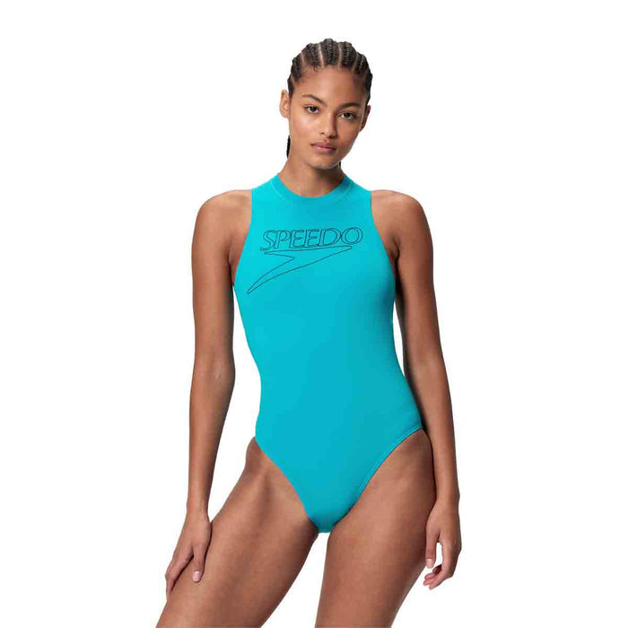 Speedo Women's Endurance+ Logo Hydrasuit Swimsuit in Mayan Blue, featuring a sleek design and supportive fit for competitive swimming.
