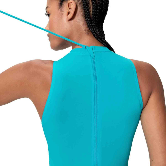 Speedo women's Endurance+ Logo Hydrasuit swimsuit in Mayan Blue, featuring sleek design and sporty fit for swimming.