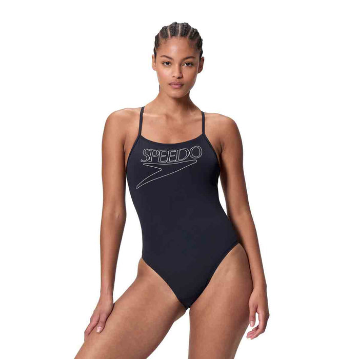 Speedo Women's Endurance+ Logo Thin Strap Swimsuit in anthracite, showing the sleek, sporty design with logo detail on the straps.
