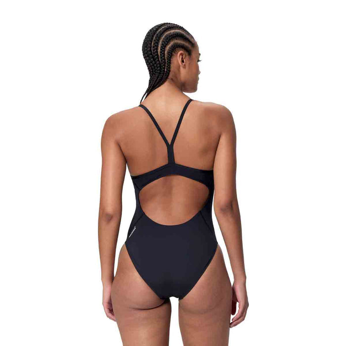 Speedo women's Endurance+ logo thin strap swimsuit in anthracite, showcasing sleek design and sporty fit.