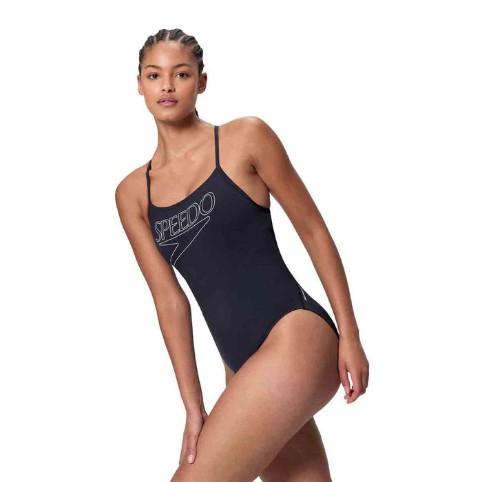 Speedo Women's Endurance+ Logo Thin Strap Swimsuit in anthracite, featuring sleek design and comfortable fit for swimming.